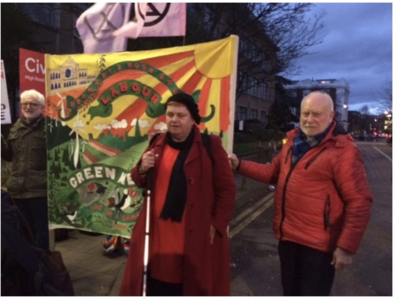 Cllr Kirsten Hearn, cabinet member for Sustainability with H&WG LP Green New Deal Banner