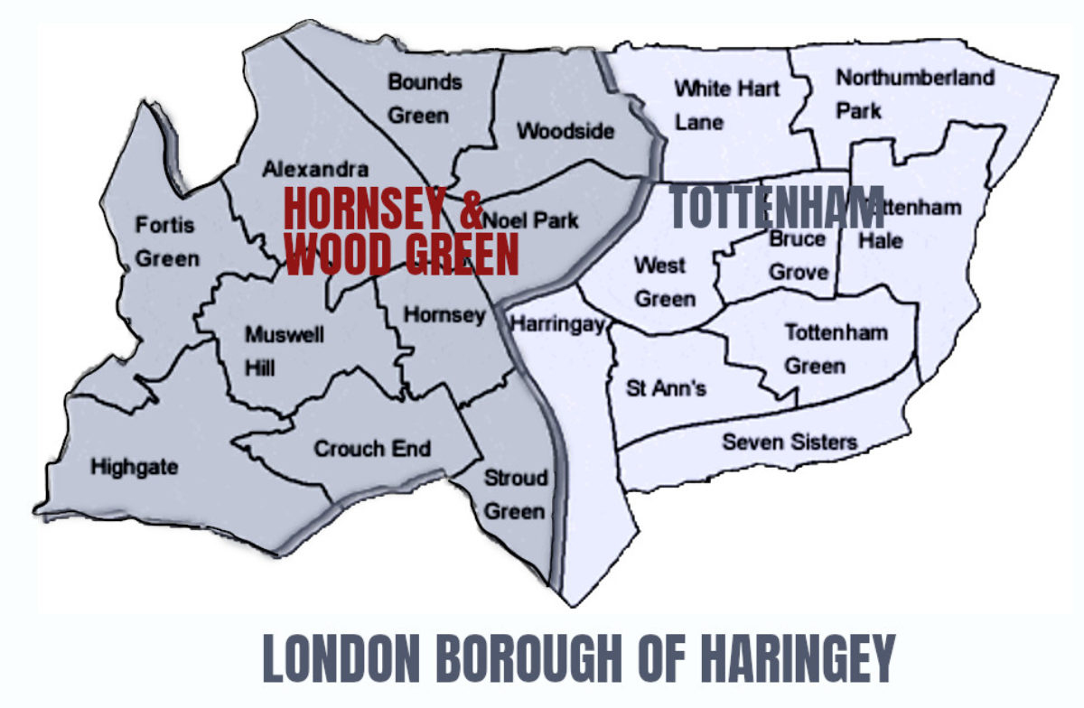 Map of Haringey showing the two constituencies and their wards.